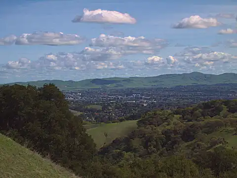 A view of downtown Pleasant Hill, California and the surrounding hills from the Briones hills